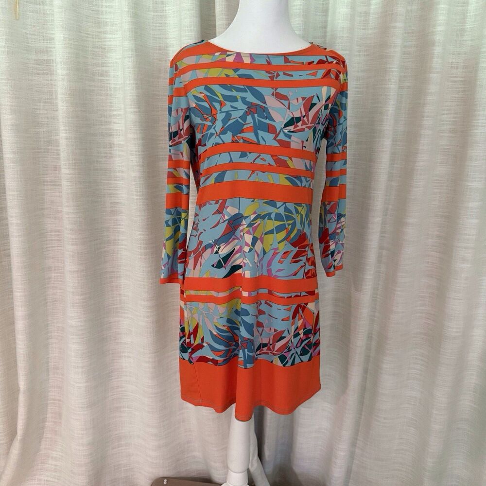 BCBGMaxAzria Colorful Striped Tropical 3/4‎ sleeve Shift Dress size XS Vacation - Picture 7 of 16
